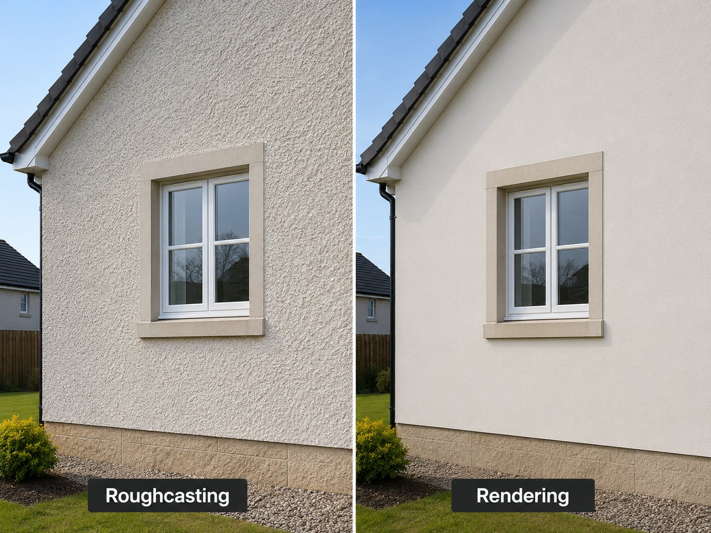 Side-by-side comparison of a roughcast finish and a smooth render finish on the same house